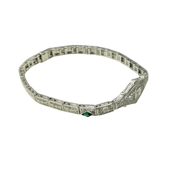 Vintage 10 Karat White Gold Filigree Diamond & Simulated Emerald Bracelet #11635 - Picture 4 of 8